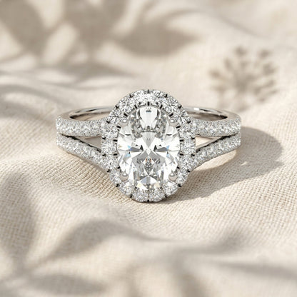 Oval Cut Lab Grown Diamond Engagement Ring, Split Shank Halo Ring, Double Row Pavé Band Ring, Unique Solid Gold Anniversary Gift For Her