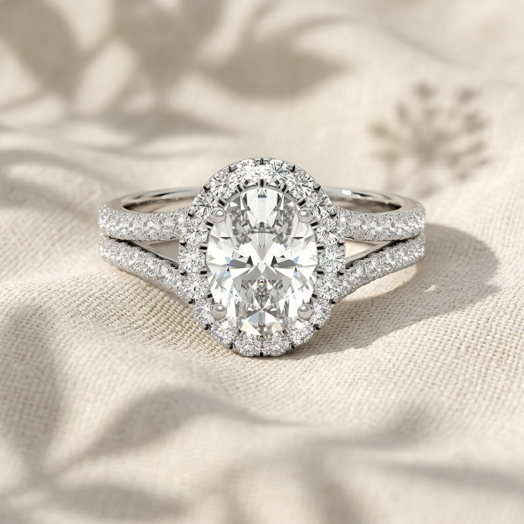 oval cut lab grown diamond engagement ring, split shank halo ring, double row pavé band ring, unique solid gold anniversary gift for her