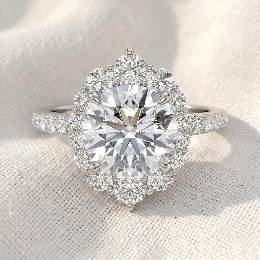 round cut lab grown diamond engagement ring, vintage floral sunburst halo ring, pavé diamond band, unique solid gold anniversary ring for her