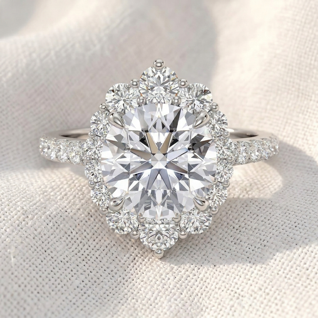 round cut lab grown diamond engagement ring, vintage floral sunburst halo ring, pavé diamond band, unique solid gold anniversary ring for her