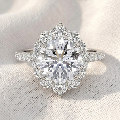 Round Cut Lab Grown Diamond Engagement Ring, Vintage Floral Sunburst Halo Ring, Pavé Diamond Band, Unique Solid Gold Anniversary Ring For Her