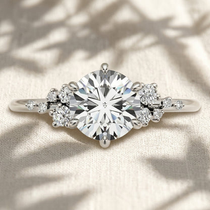 Round Cut Lab Grown Diamond Engagement Ring, Cluster Side Stones Solitaire Ring, Asymmetrical Diamond Band, Unique Solid Gold Anniversary Gift For Her