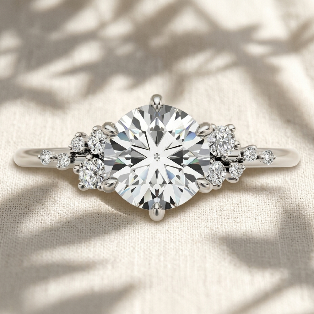 round cut lab grown diamond engagement ring, cluster side stones solitaire ring, asymmetrical diamond band, unique solid gold anniversary gift for her