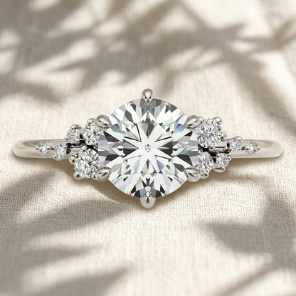 Round Cut Lab Grown Diamond Engagement Ring, Cluster Side Stones Solitaire Ring, Asymmetrical Diamond Band, Unique Solid Gold Anniversary Gift For Her