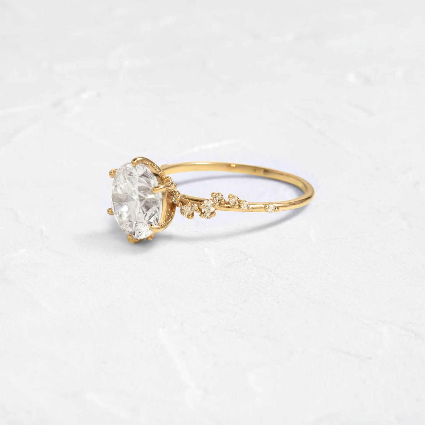 round cut lab grown diamond engagement ring, hidden halo asymmetric cluster ring, solid gold nature inspired ring, unique vintage anniversary gift for her