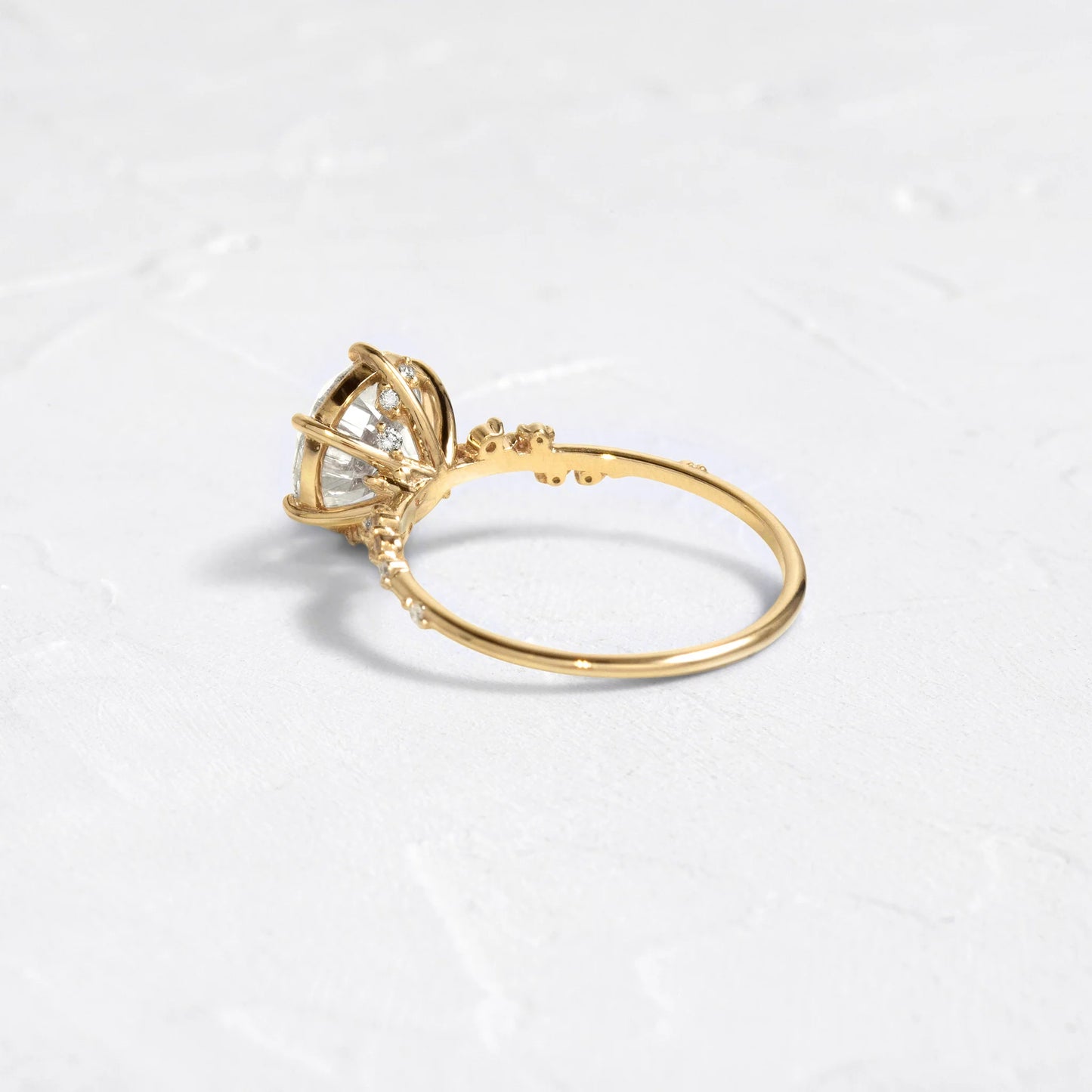 round cut lab grown diamond engagement ring, hidden halo asymmetric cluster ring, solid gold nature inspired ring, unique vintage anniversary gift for her