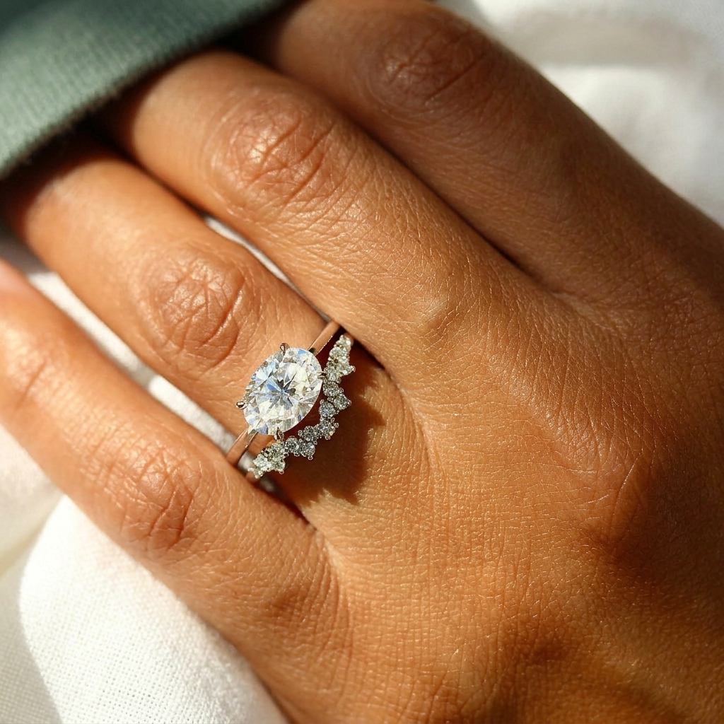 east-west oval lab diamond solitaire engagement ring