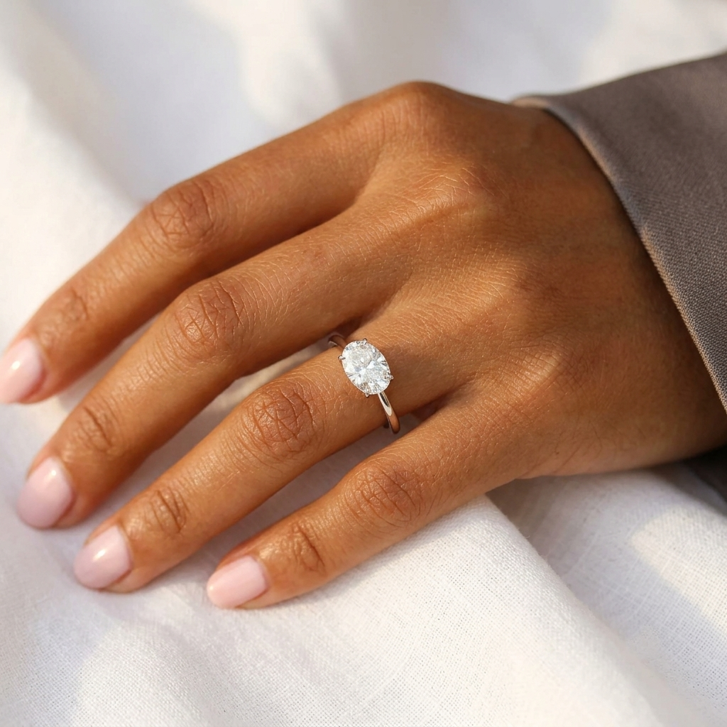 east-west oval lab diamond solitaire engagement ring