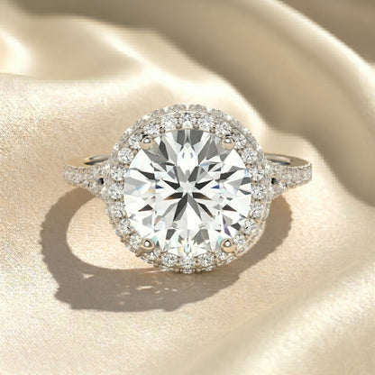 Round Cut Lab Grown Diamond Halo Engagement Ring, Split Shank Pave Diamond Ring, Double Row Halo Ring, Solid Gold Unique Anniversary Gift For Her