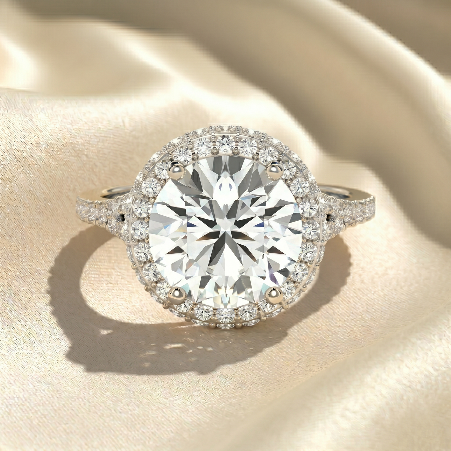 round cut lab grown diamond halo engagement ring, split shank pave diamond ring, double row halo ring, solid gold unique anniversary gift for her