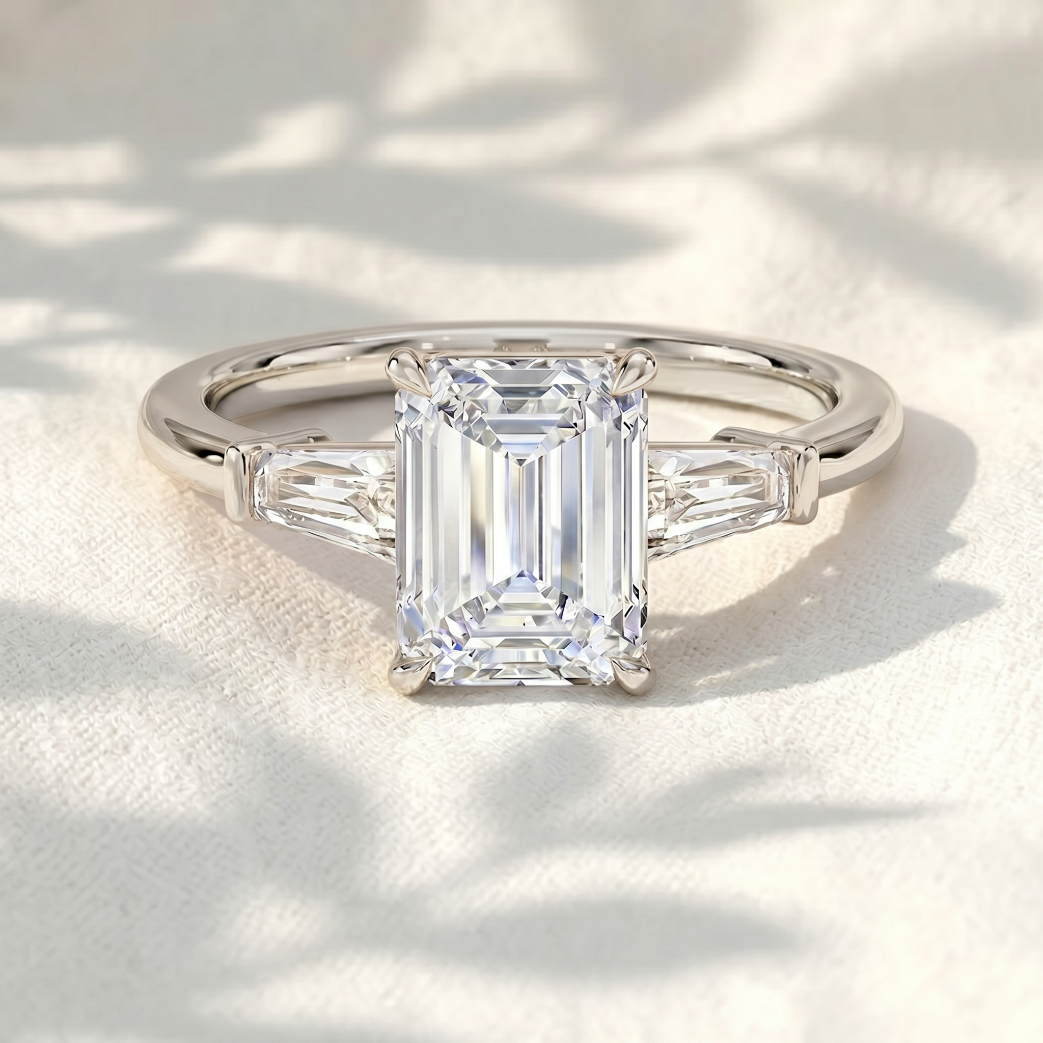 Emerald Cut Lab Grown Diamond Three Stone Engagement Ring with Tapered Baguette Side Stones