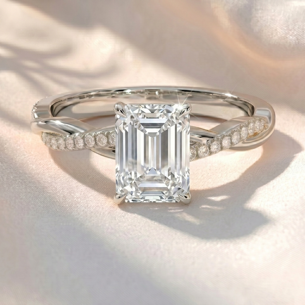 Twisted Band Emerald Lab Grown Diamond Engagement Ring in Gold – Pavé Crossover Ring