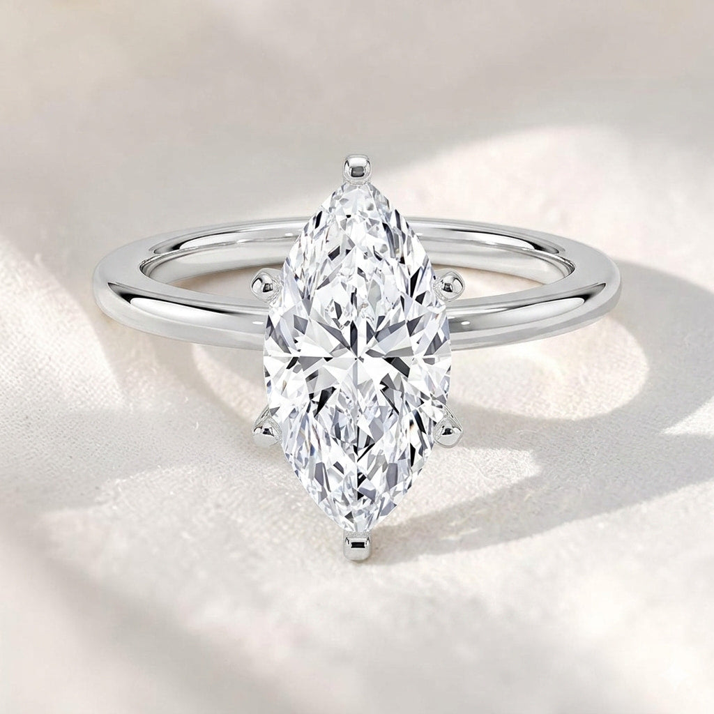 two tone marquise cut lab grown diamond solitaire cathedral engagement ring