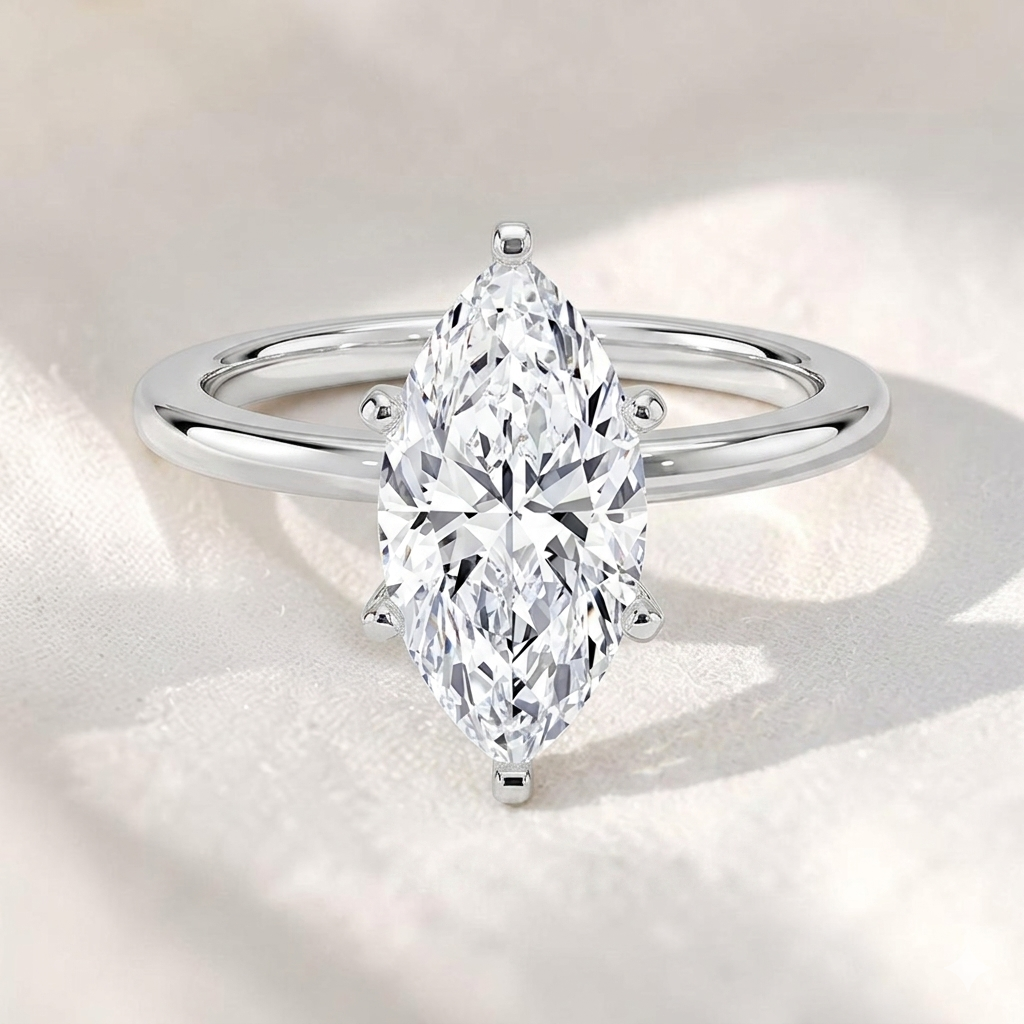 two tone marquise cut lab grown diamond solitaire cathedral engagement ring
