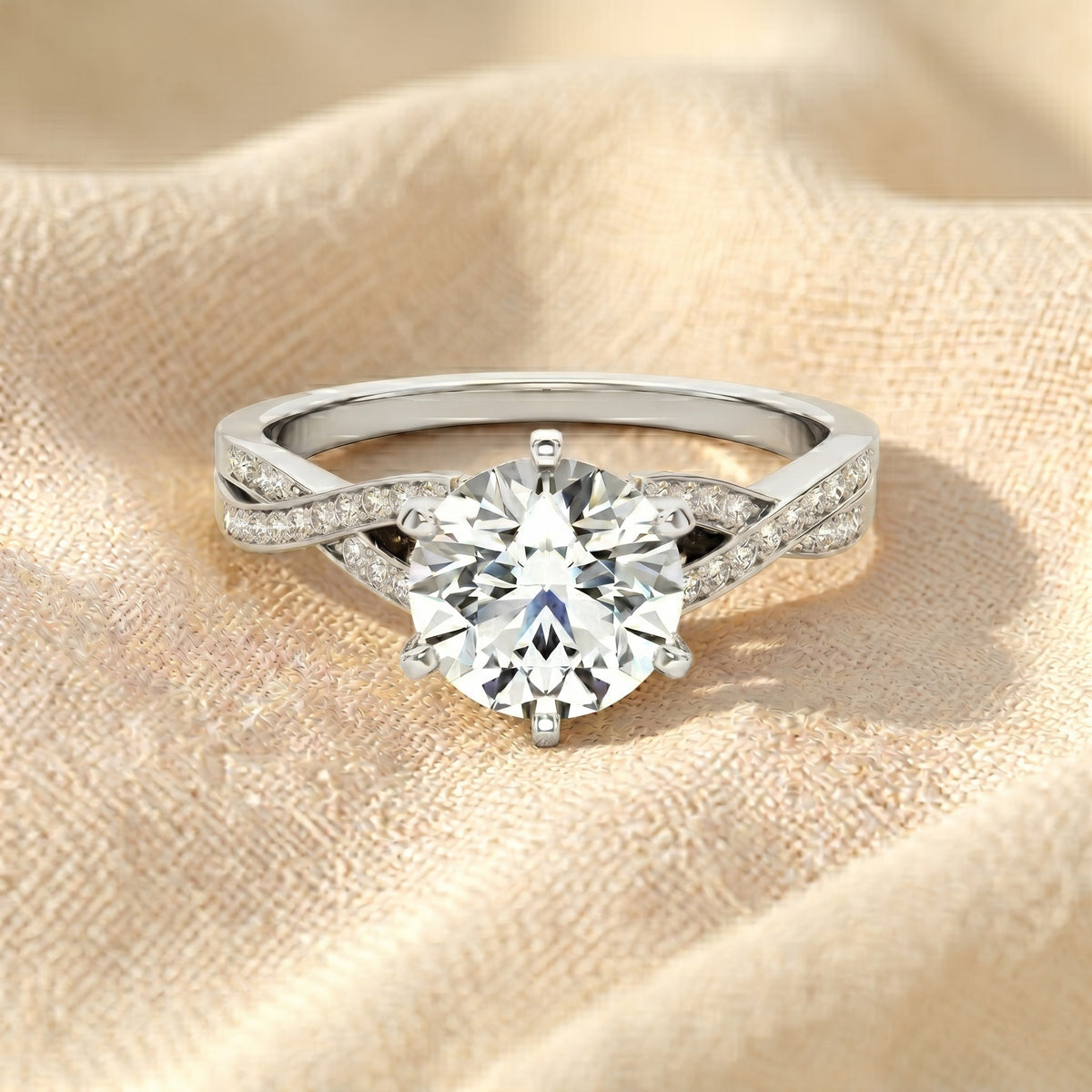 round cut lab grown diamond engagement ring, twisted pave band solitaire ring, two tone gold split shank ring, unique anniversary gift for her