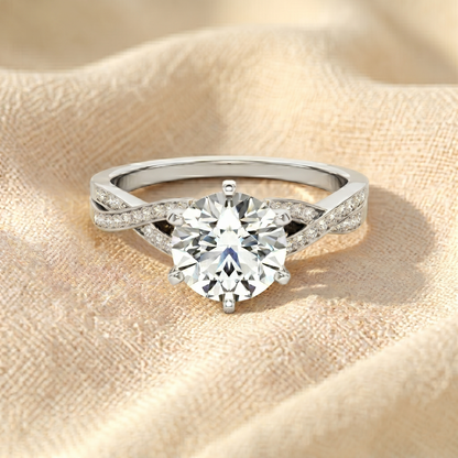 Round Cut Lab Grown Diamond Engagement Ring, Twisted Pave Band Solitaire Ring, Two Tone Gold Split Shank Ring, Unique Anniversary Gift For Her