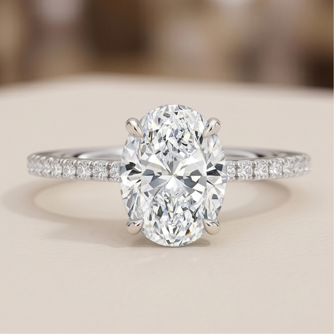 Oval Lab Grown Diamond Pavé Engagement Ring in Gold – Four Prong Solitaire with Hidden Halo
