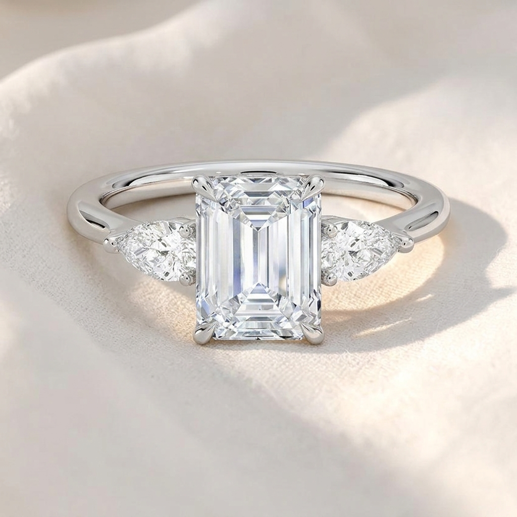 emerald lab grown diamond three stone engagement ring