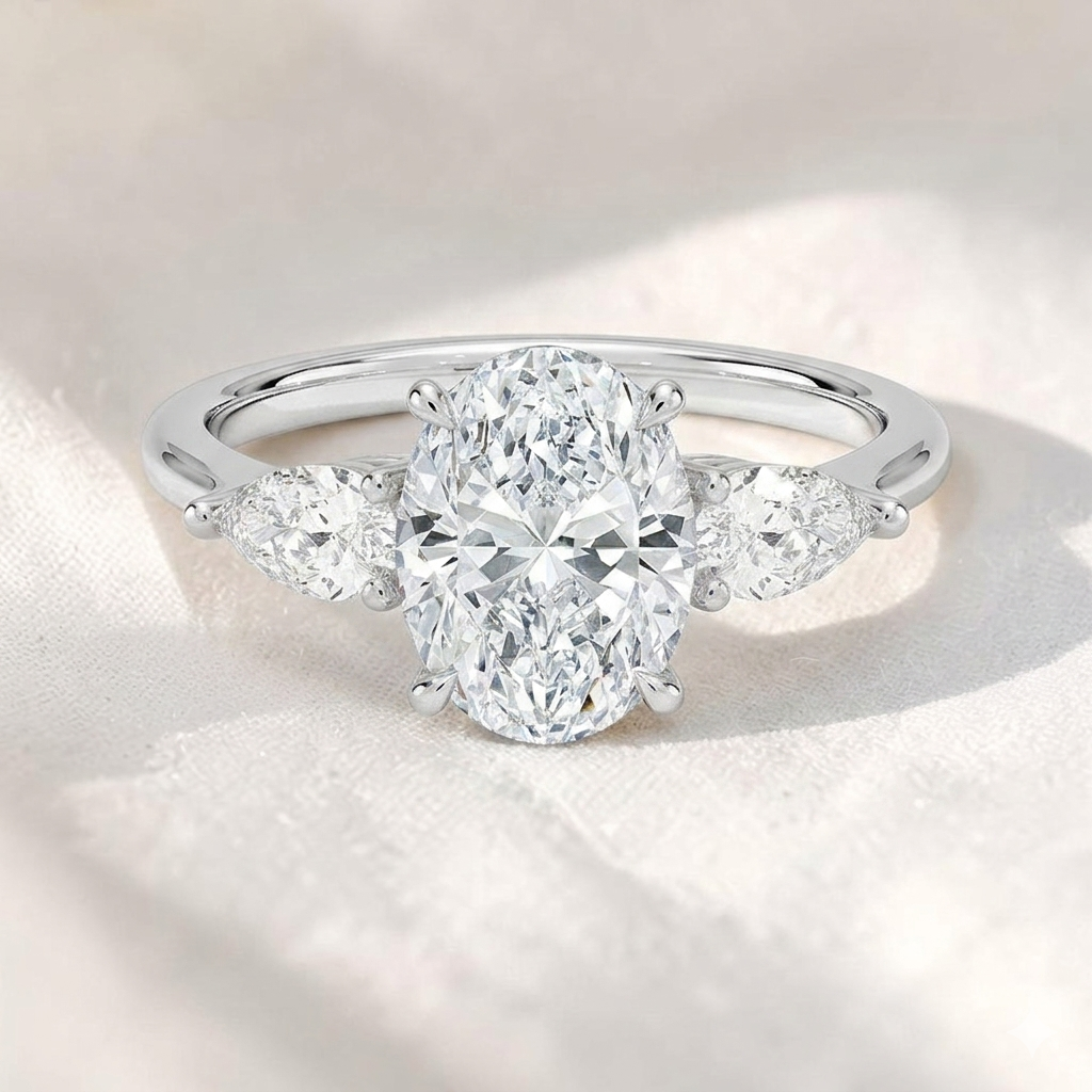 Oval Lab Grown Diamond Three Stone Engagement Ring with Pear Side Stones