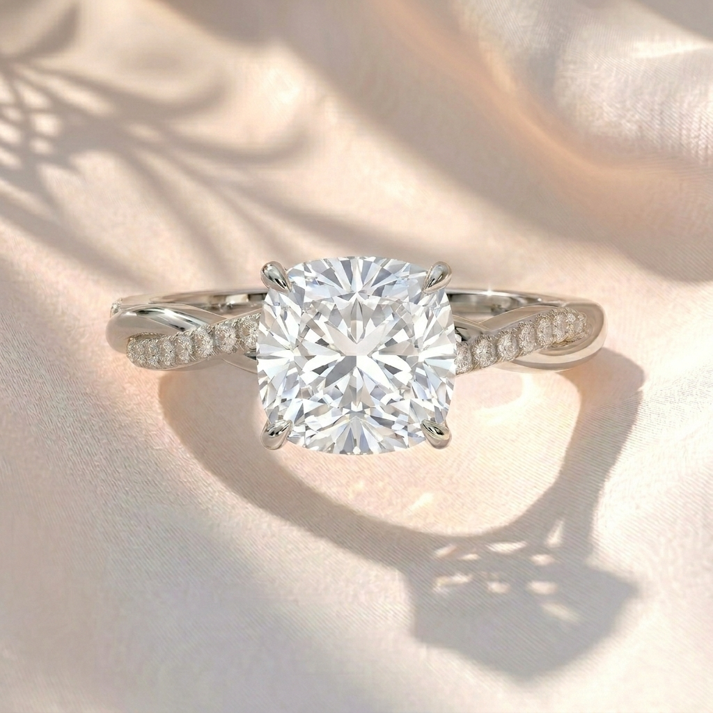 Twisted Band Round Lab Grown Diamond Engagement Ring in Gold – Pavé Crossover Ring
