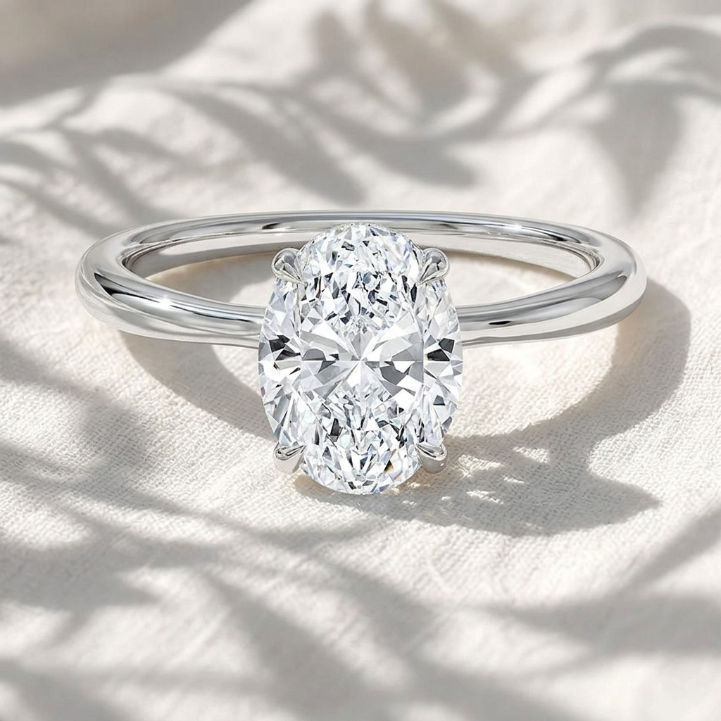 oval cut lab grown diamond twisted hidden halo engagement ring