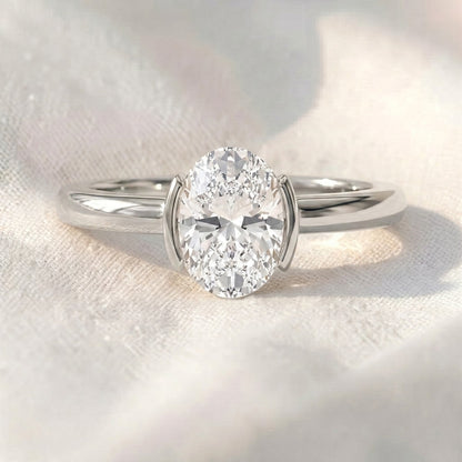 Oval Lab Diamond Half Bezel Solitaire Engagement Ring
