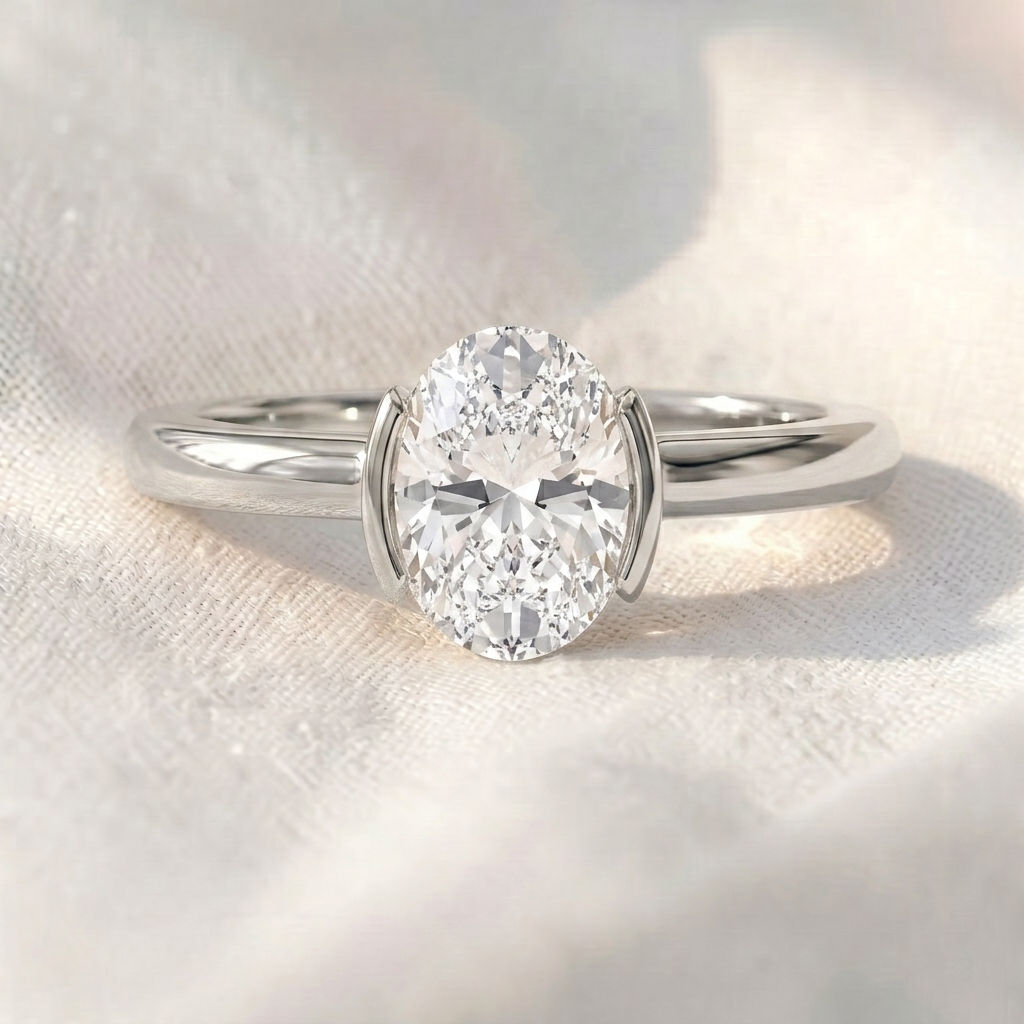 oval lab diamond half bezel solitaire engagement ring