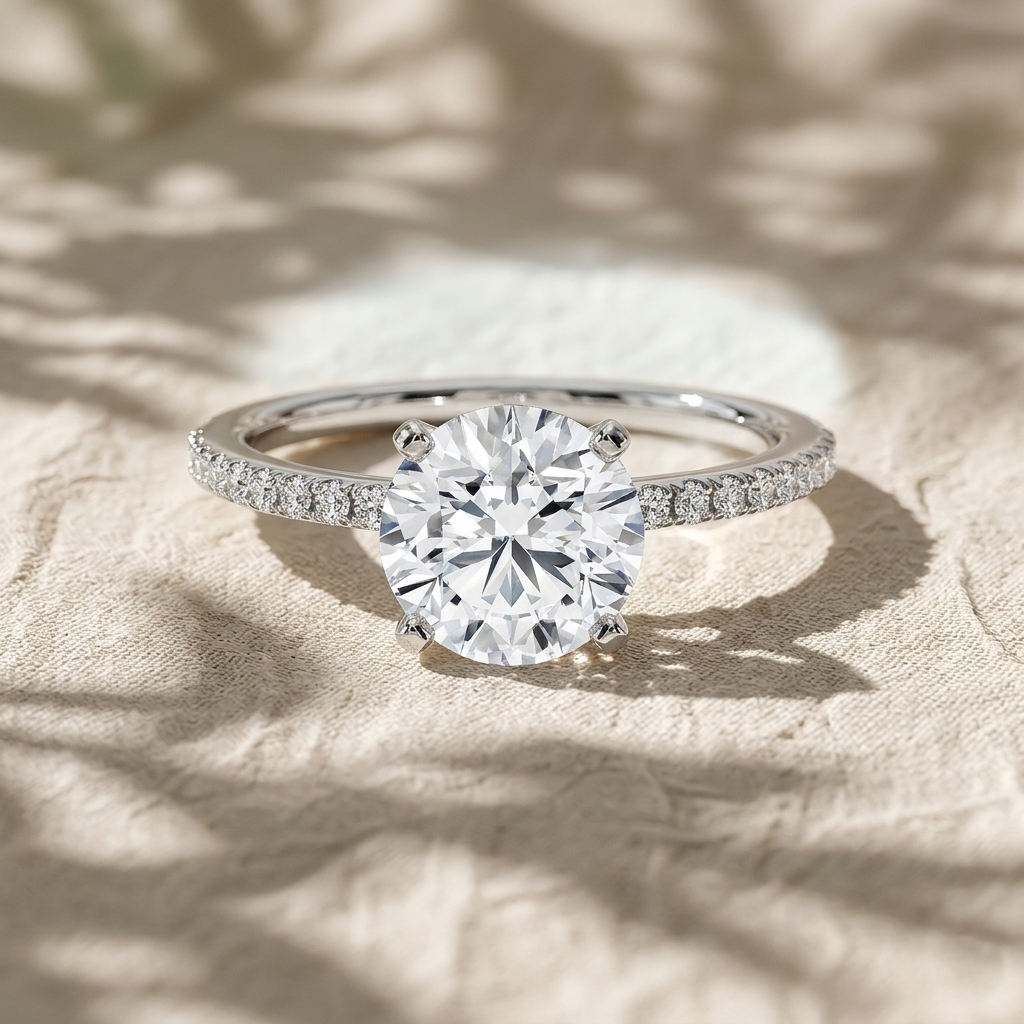 two tone round cut lab grown diamond pave engagement ring