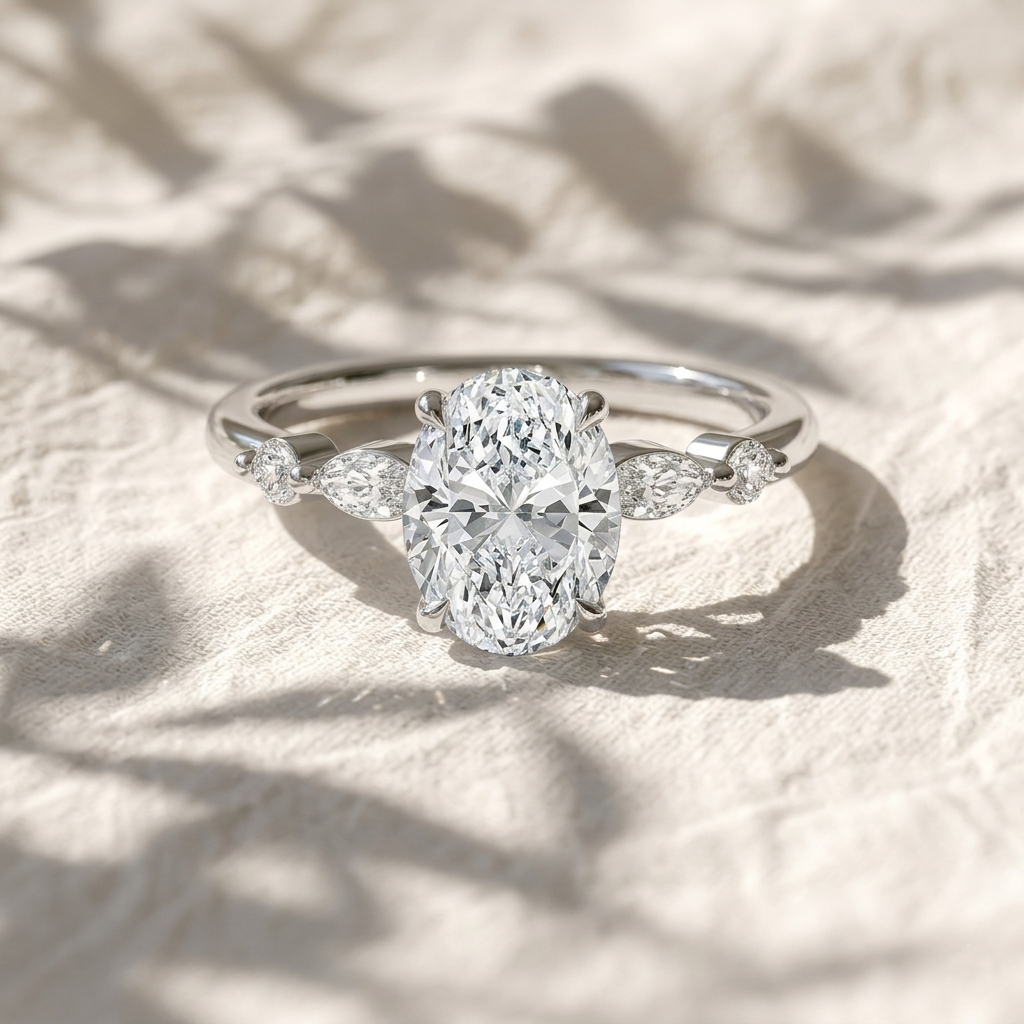 oval cut lab grown diamond marquise & round side stone engagement ring