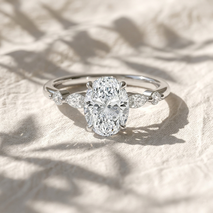 Oval Cut Lab Grown Diamond Marquise & Round Side Stone Engagement Ring