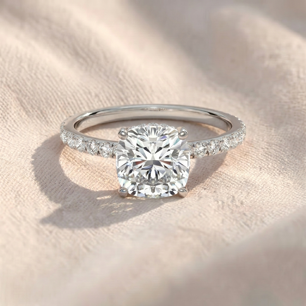 cushion cut hidden halo pavé lab diamond engagement ring