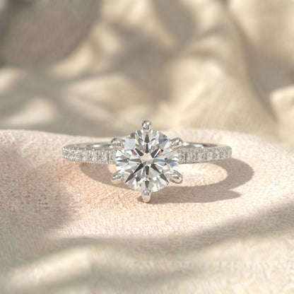 Round Cut Lab Grown Diamond Engagement Ring, 6 Prong Solitaire Ring, Pave Diamond Band, Scalloped Accent Ring, Solid Gold Anniversary Gift For Her