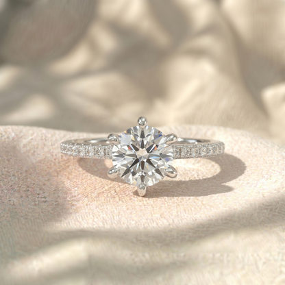 Round Cut Lab Grown Diamond Engagement Ring, 6 Prong Solitaire Ring, Pave Diamond Band, Scalloped Accent Ring, Solid Gold Anniversary Gift For Her