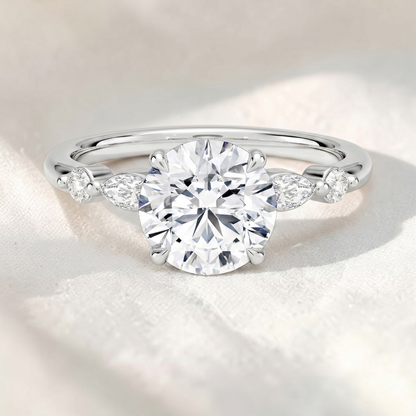 Round Cut Lab Grown Diamond Marquise & Round Side Stone Engagement Ring