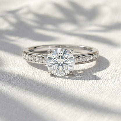 Round Lab Grown Diamond Tulip Cathedral Engagement Ring with Pavé Accent Band