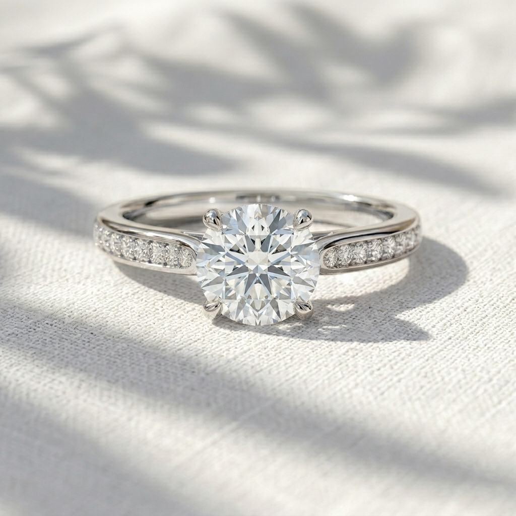Round Lab Grown Diamond Tulip Cathedra Engagement Ring with Pavé Accent Band