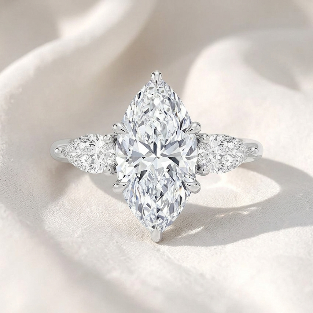 marquise lab grown diamond three stone engagement ring