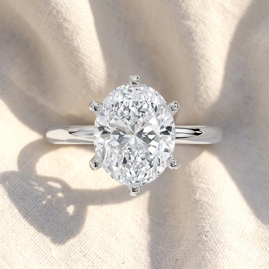 two tone oval cut lab grown diamond solitaire cathedral engagement ring
