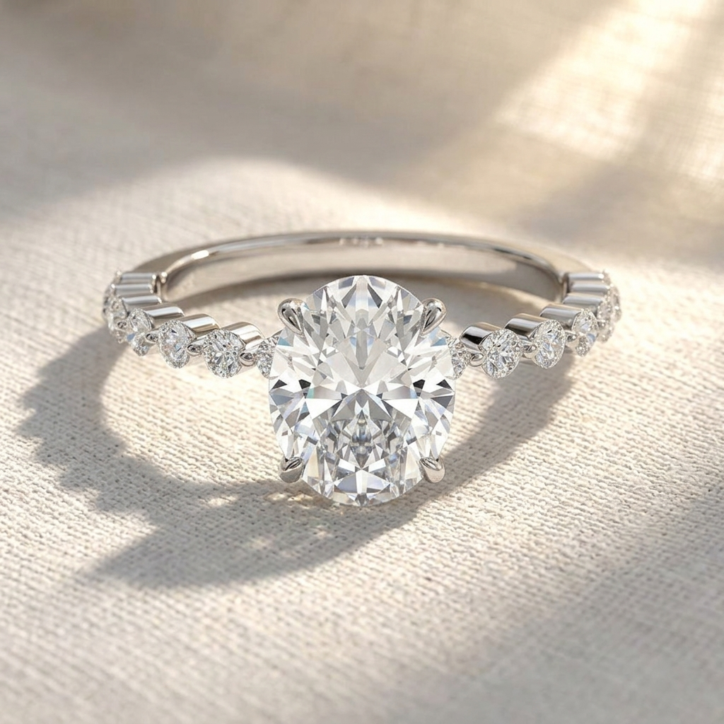Oval Lab Grown Diamond Hidden Halo Engagement Ring with Shared Prong Pavé Band