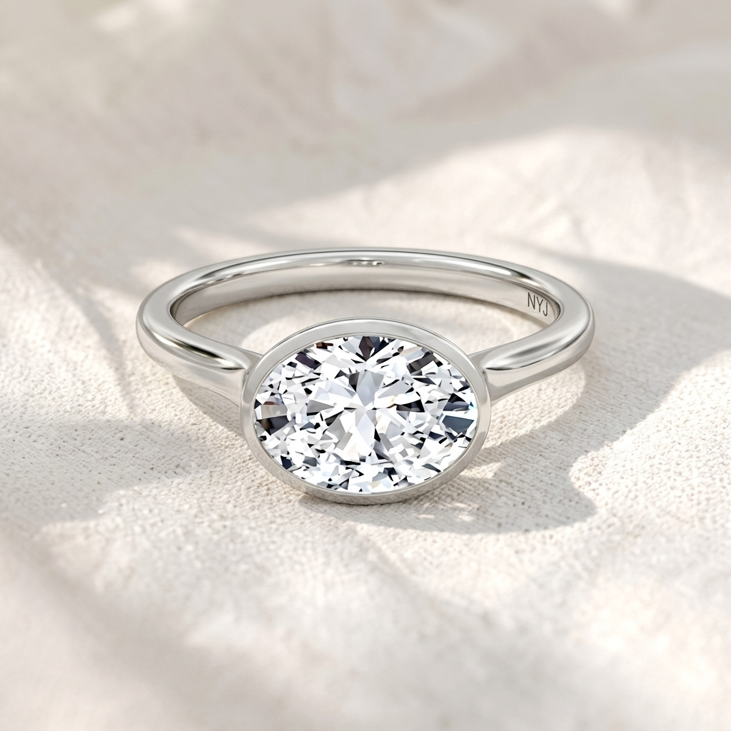 Oval Cut East-West Bezel Set Lab Grown Diamond Solitaire Engagement Ring