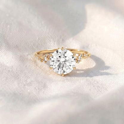 Round Cut Lab Grown Diamond Engagement Ring, Hidden Halo Asymmetric Cluster Ring, Solid Gold Nature Inspired Ring, Unique Vintage Anniversary Gift For Her