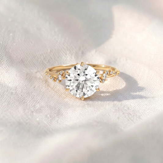 Round Cut Lab Grown Diamond Engagement Ring, Hidden Halo Asymmetric Cluster Ring, Solid Gold Nature Inspired Ring, Unique Vintage Anniversary Gift For Her