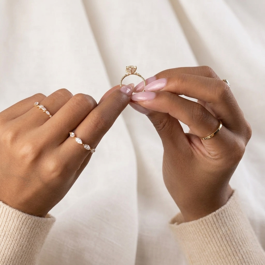 round cut lab grown diamond engagement ring, hidden halo asymmetric cluster ring, solid gold nature inspired ring, unique vintage anniversary gift for her