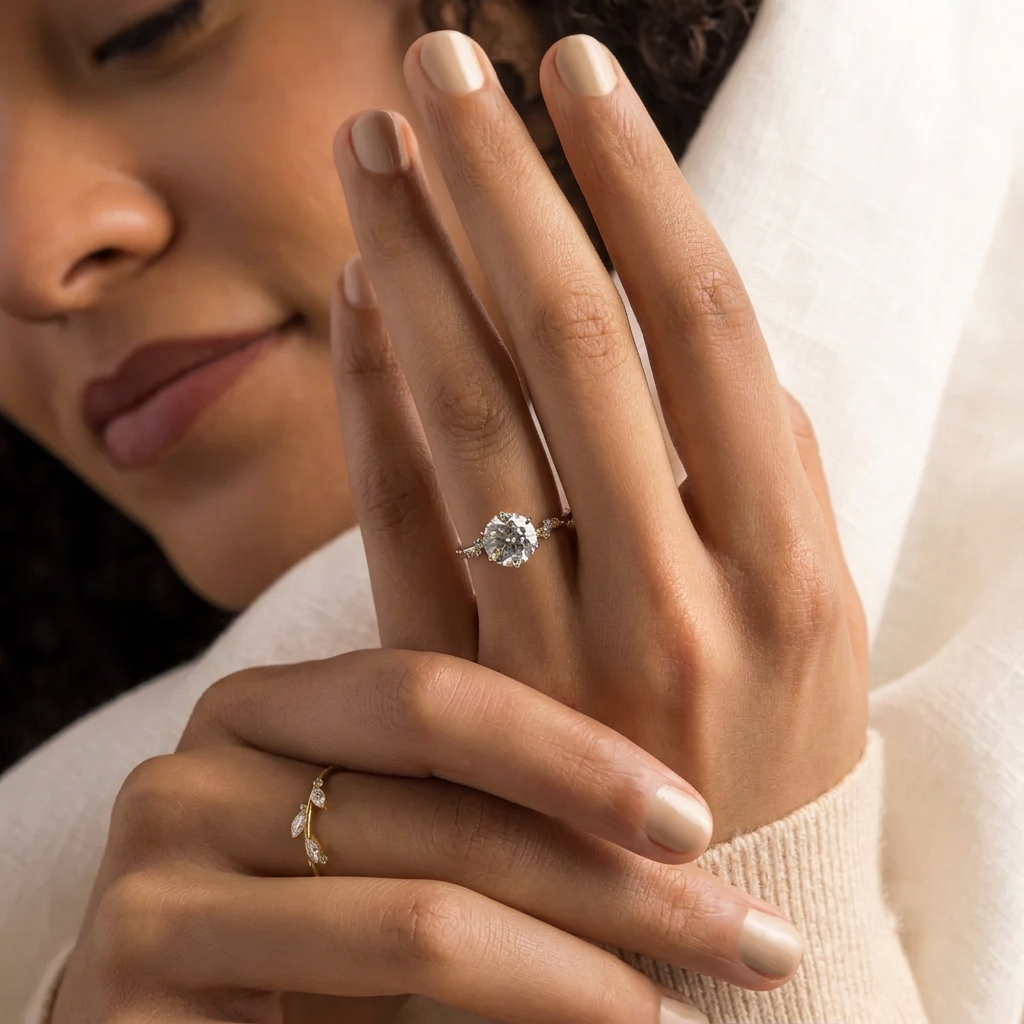 round cut lab grown diamond engagement ring, hidden halo asymmetric cluster ring, solid gold nature inspired ring, unique vintage anniversary gift for her