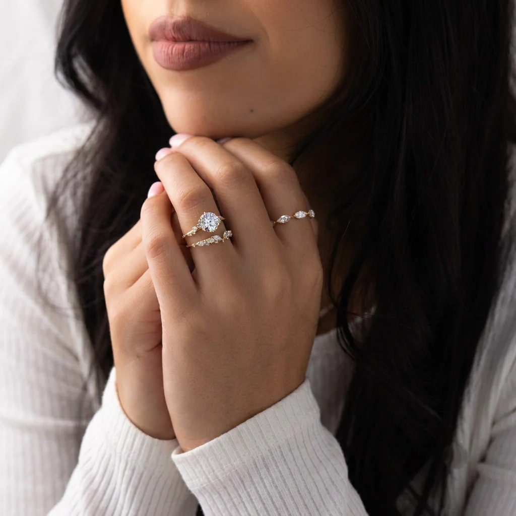 round cut lab grown diamond engagement ring, hidden halo asymmetric cluster ring, solid gold nature inspired ring, unique vintage anniversary gift for her