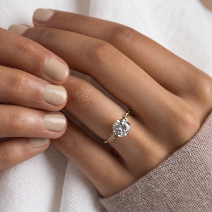 Round Cut Lab Grown Diamond Engagement Ring, Hidden Halo Asymmetric Cluster Ring, Solid Gold Nature Inspired Ring, Unique Vintage Anniversary Gift For Her