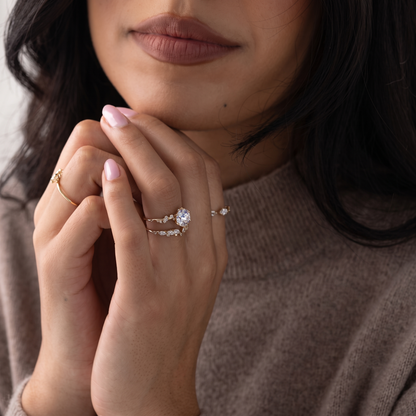 Round Cut Lab Grown Diamond Engagement Ring, Hidden Halo Asymmetric Cluster Ring, Solid Gold Nature Inspired Ring, Unique Vintage Anniversary Gift For Her