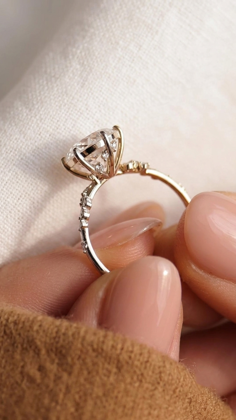 round cut lab grown diamond engagement ring, hidden halo asymmetric cluster ring, solid gold nature inspired ring, unique vintage anniversary gift for her