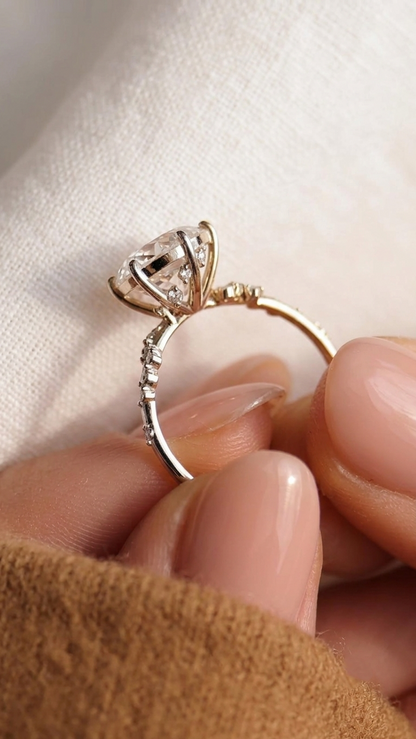 Round Cut Lab Grown Diamond Engagement Ring, Hidden Halo Asymmetric Cluster Ring, Solid Gold Nature Inspired Ring, Unique Vintage Anniversary Gift For Her
