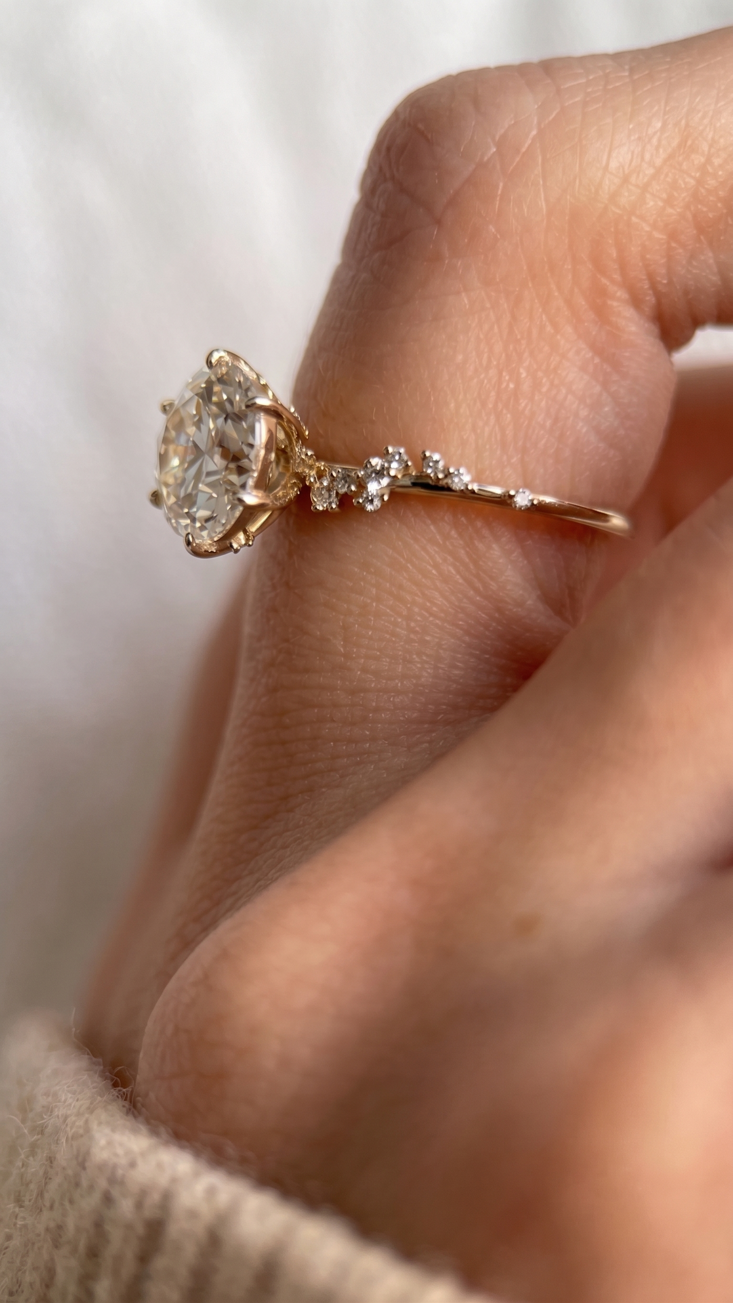 round cut lab grown diamond engagement ring, hidden halo asymmetric cluster ring, solid gold nature inspired ring, unique vintage anniversary gift for her